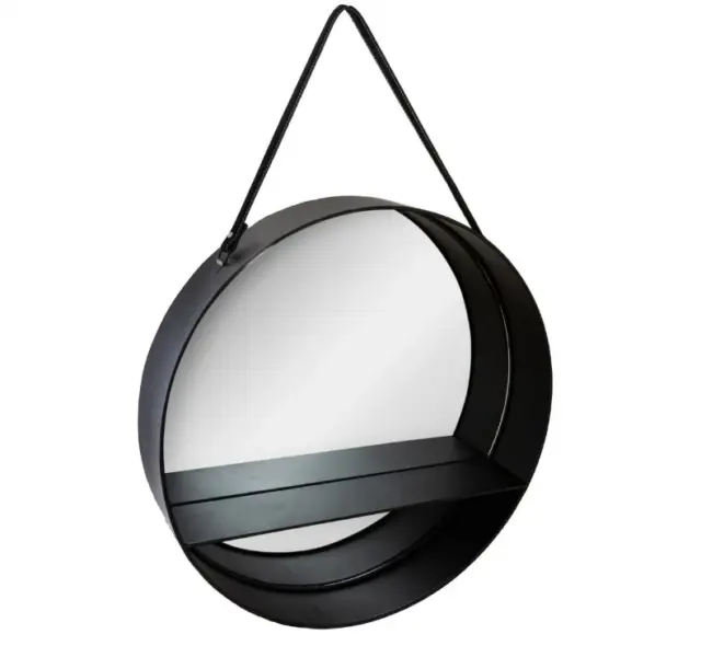 Miroir (Diam. 55 cm) en métal noir style industriel avec étagère  - NEUF