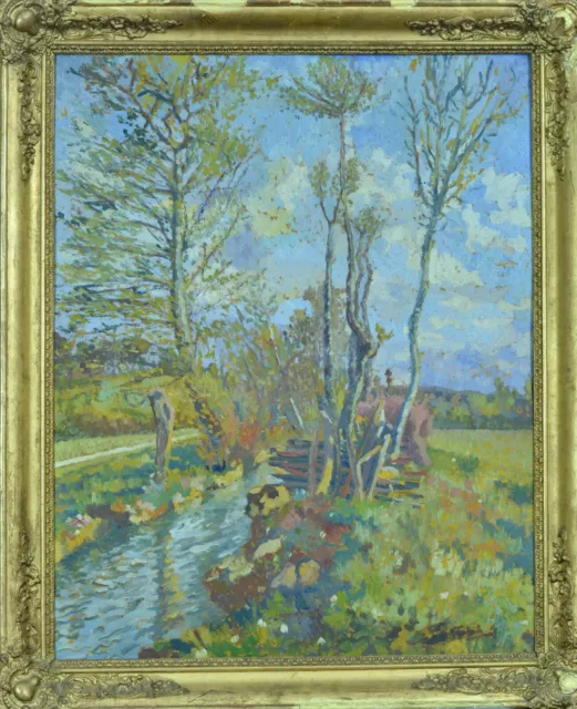 Ancien Tableau impressionniste grand  paysage arboré au cours d'eau en été 20ème