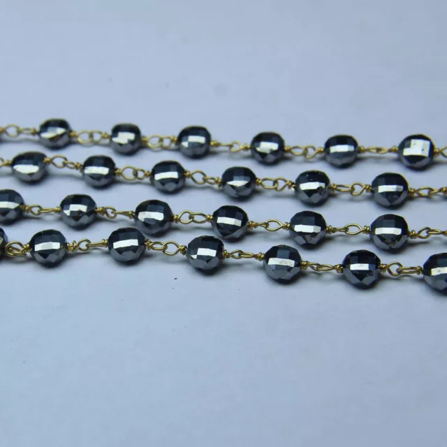 Pyrite Faceted Coin Shape Cut Gold Filled Wire Wrapped Beaded Rosary Chain 2