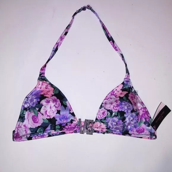 Victoria Secret Swim Bikini Top Small Floral Pink Purple Black Rhinestone Bling