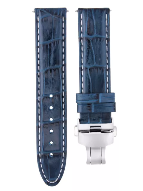 18Mm Premium Leather Watch Strap Band For Bulova Accutron Deploy Clasp Blue Ws
