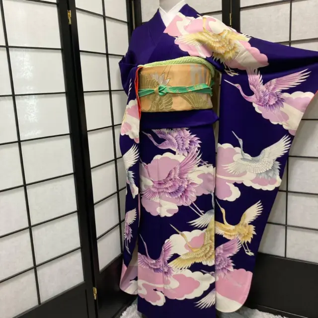 [6651] Furisode (long-sleeved kimono), pure silk, kimono only sold, Japanese vin