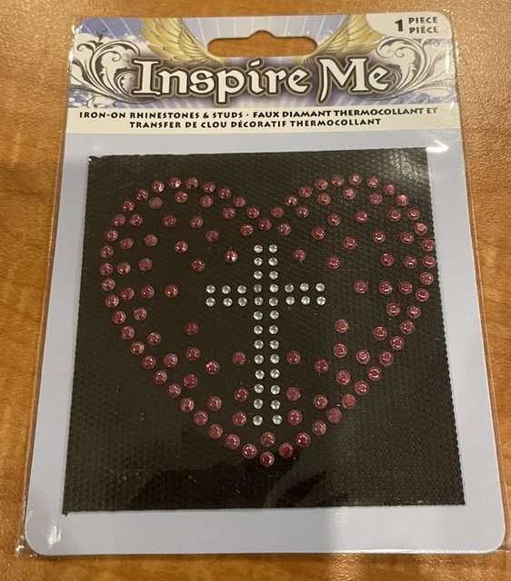 Inspire Me Iron On Rhinestone &Studs 1 Piece Red Heart & Silver Cross