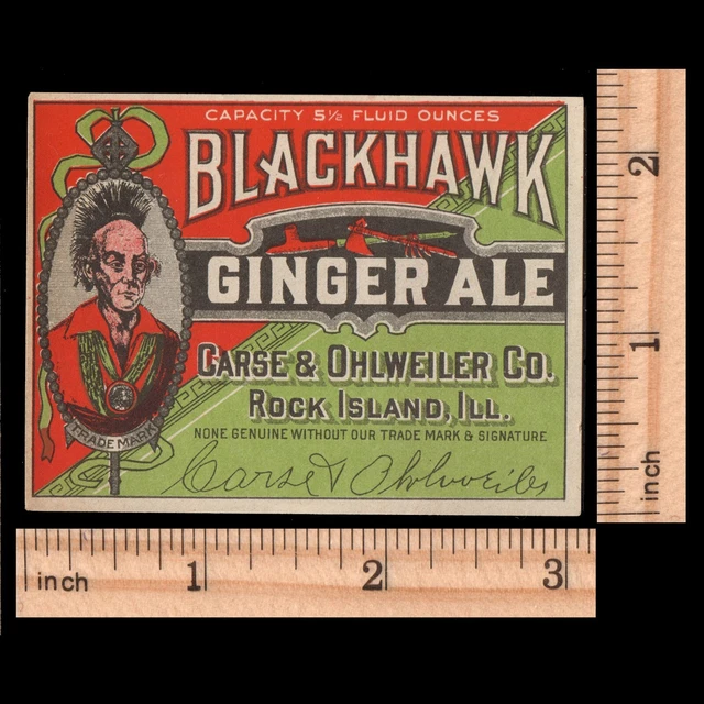 1920s Blackhawk Ginger Ale Soda Label Carse & Ohlweiler Rock Island IL 3x2¼"