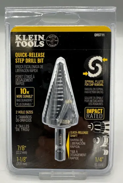 KLEIN TOOLS QRST11 Quick-Release Step Drill SPIRAL FLUTE 7/8 to 1-1/8-Inch