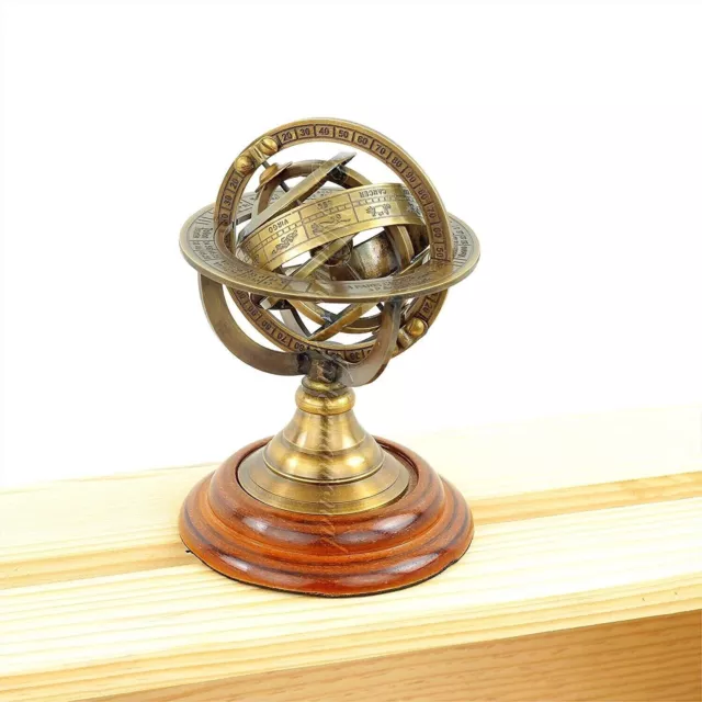 Astrolabe Antique Armillary Brass Desktop Globe Sphere Wooden Base Vintage Gift