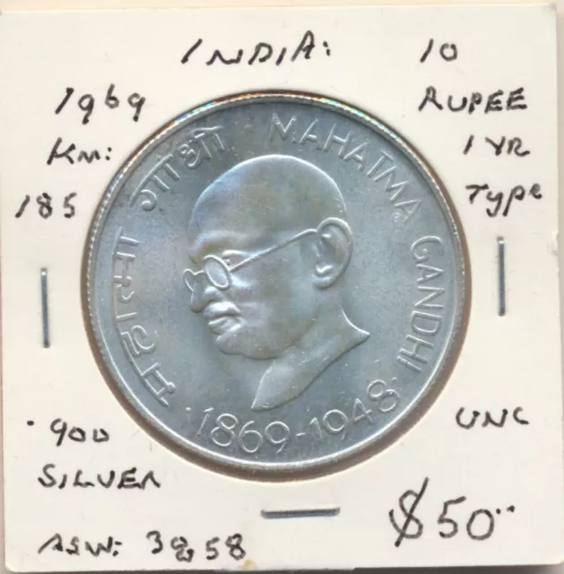 India: 1969 10 Rupees Centennial Ghandi's Birth, 10R silver, KM-185, UNC