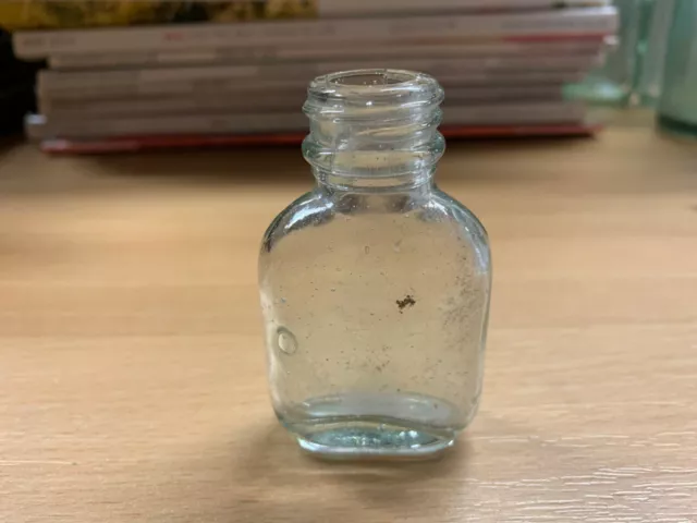 Antique Vintage Small Short Square Medicine Clear Glass Bottle Applied Lip