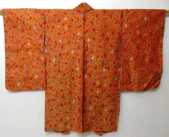 0508T02z500 Vintage Japanese Kimono Silk LONG MEISEN HAORI Dark orange 2