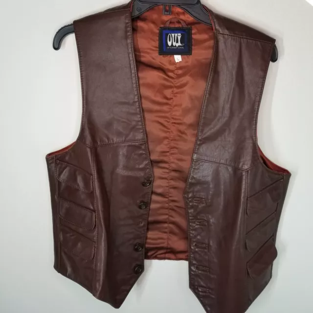 Oui International Vintage Brown Leather Vest Wpl 11743 /6 Front Pockets