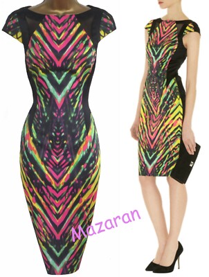 Karen Millen ❤ Striking Neon Abstract Zig Zag Design Pencil Wiggle Dress ❤ Uk 10
