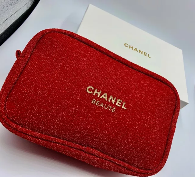 CHANEL Beaute Cosmetic Makeup Bag Pouch Clutch Sparkling RED GOLD w/ gift box