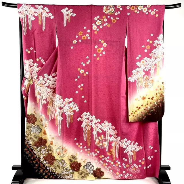 Japanese kimono SILK"FURISODE" long sleeves, Gold, SAKURA, Butterfly,L66"..2014
