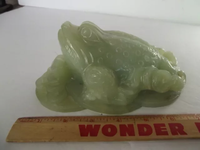 7" Carved Money Frog Toad Feng Shui Wealth Celadon Jade Green Soapstone Chinese