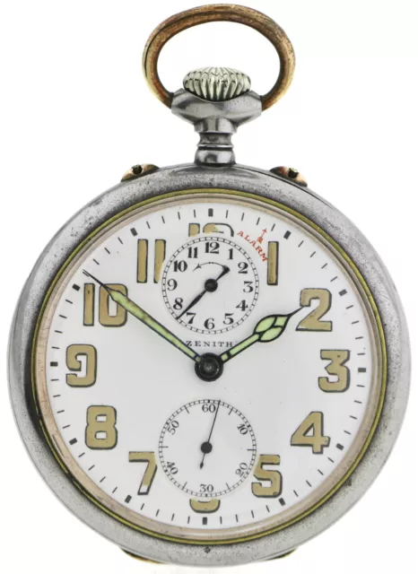 Rarität Zenith Alarm-Wecker Herren Taschenuhr brüniertes Eisen ~1920-30 Ø52mm