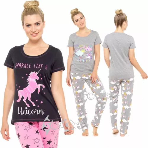 Ladies Unicorn Print Black Grey Cotton Short Sleeve Pyjamas Set Nightwear 8-22