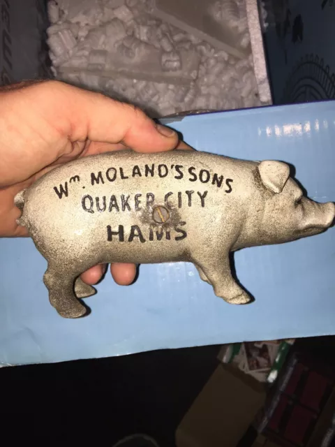 WM Moland & Sons Piggy Bank Solid Cast Iron Metal 2+LB Patina Banking Collector