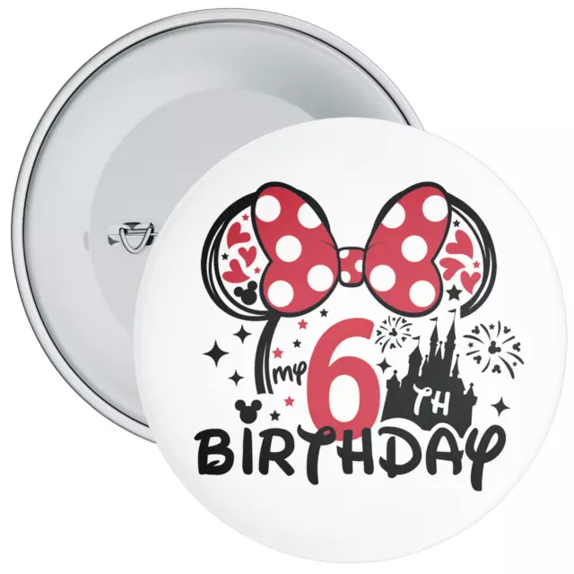 6th Birthday Badge - Minnie Mouse Themed Birthday Badge - 75mm Wide - Pin Back