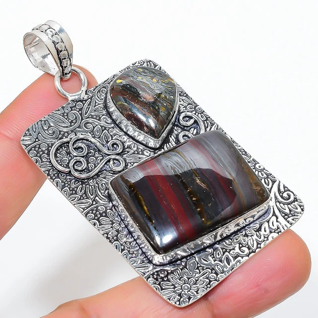 Iron Tiger Eye Gemstone Handmade 925 Sterling Silver Jewelry Pendant 2.68" f472