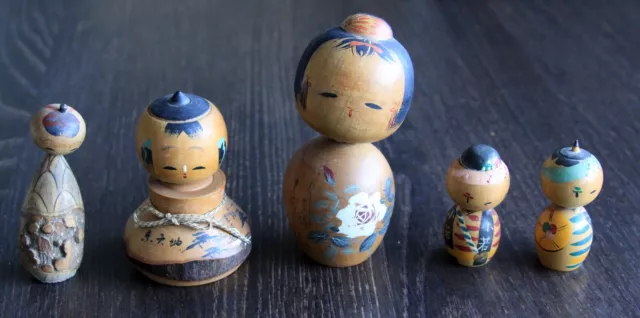 5 x Kokeshi,Holzpuppen,Handmade,50ger Jahre,sehr schön
