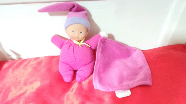 doudou petite poupée bébé corolle rose rayé mouchoir 15 cm