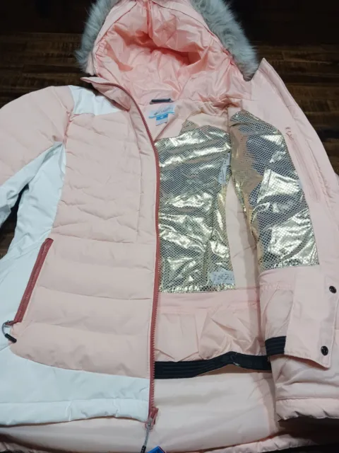 Womens Columbia  Bird Mountain Hooded Ski Jacket Omni-Heat Gold Waterproo Sz XL