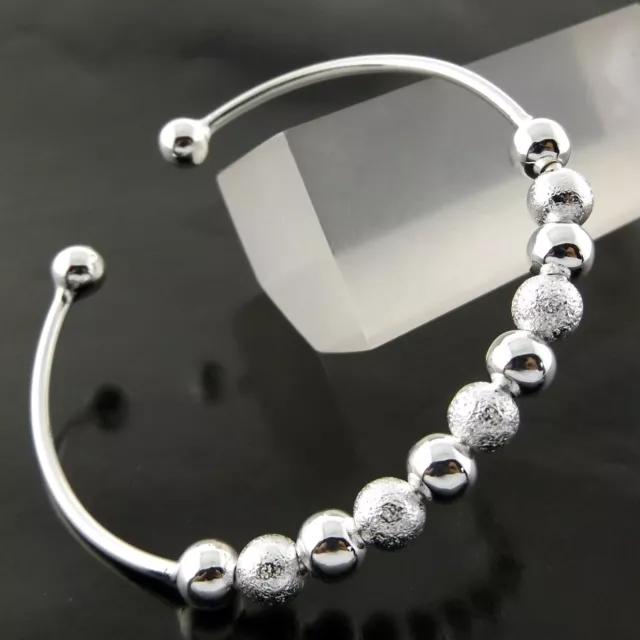 A580 Genuine Real 925 Sterling Silver S/F Ladies Bead Ball Cuff Bangle Bracelet 2