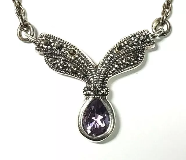 Vintage Sterling Silver Marcasite and Amethyst Pendant Necklace