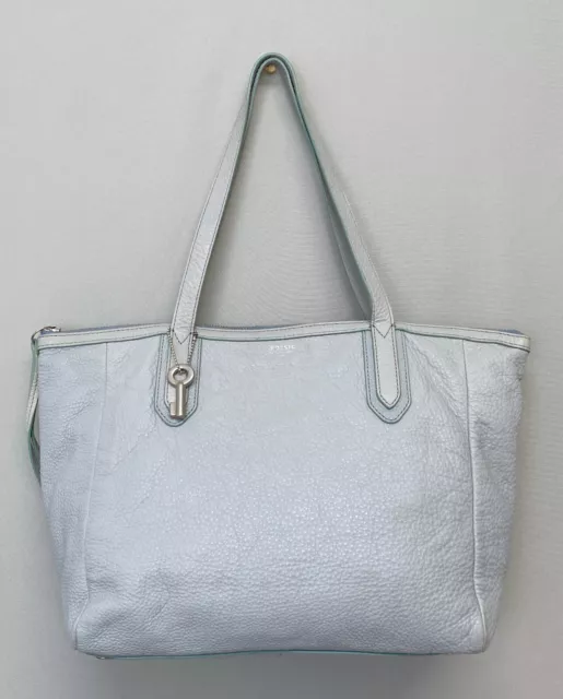 FOSSIL Sydney Light Blue Pebbled Leather Tote Bag Shopper Large Casual Handbag