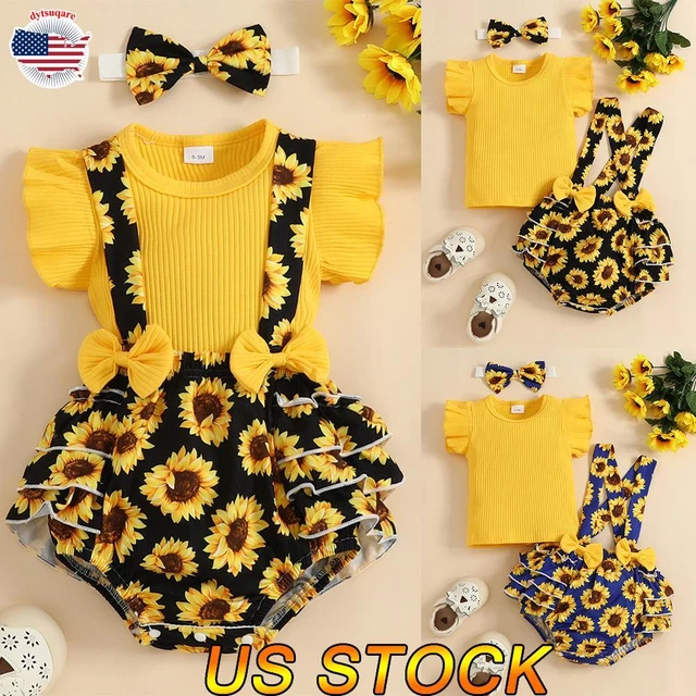 3PCS Newborn Baby Girls Floral Outfits Ruffle Romper Dress Jumpsuit Headband Set