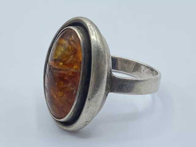 Beautiful Vintage Art Deco 1940s German 935 Silver & Amber Ring Size O (J201)