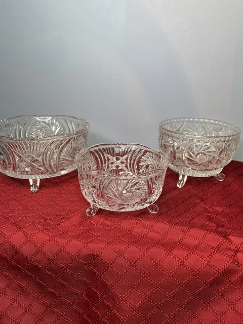 Vintage Clear Brilliant Cut Lead Crystal Glass 3 Footed Bowl Stars Flowers Set 3