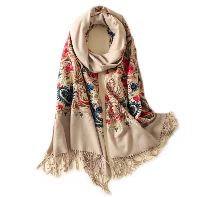 Grand Châle Pashmina En Cachemire Brodé - Noir Floral, 200x70 Cm, Neuf