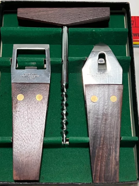 BARLOW ~ Set of 3 Bar Tools in Box ~ Mid-Century Wood Handle Stainless Steel