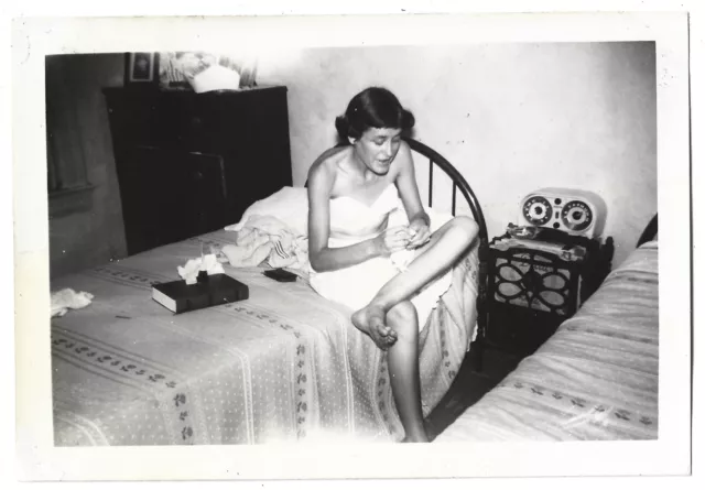 Vintage Photo Pretty Girl Bustier Sitting on Bed Barefoot ODD FEET Radio Lesbian