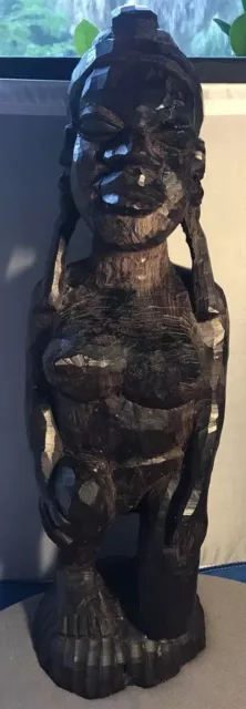 19th Century African heavy Wood Hand carved African naked woman statuette 15”