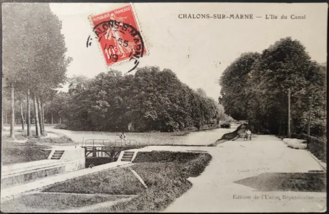 CPA 51 Châlons-sur-Marne l'île du Canal oblitérée 1909. Canal.Ecluse.Peniche