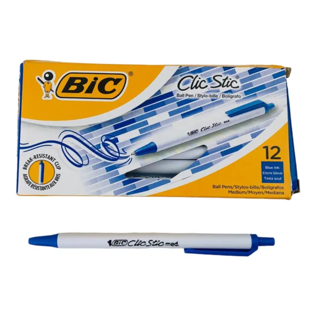 12 BIC Pens Clic Stic Retractable Blue Ink Ballpoint Pens Medium Pen Point