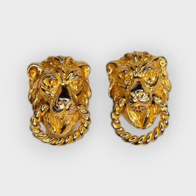 Vintage 80s 90s gilt gold tone lion head clip on earrings