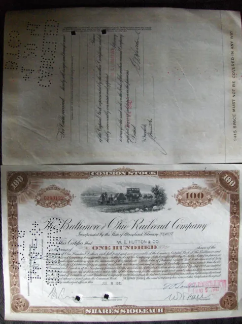 Baltimore & Ohio Railroad Comp. stock certificate. Payee E.F. HUTTON & Co 1940