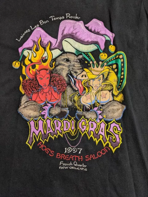 Vtg 1997 Hog's Breath Saloon XL Mardi Gras Black T-Shirt New Orleans LA