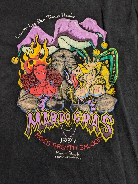 Vtg 1997 Hog's Breath Saloon XL Mardi Gras Black T-Shirt New Orleans LA Vtg 1997 Hog's Breath Saloon XL Mardi Gras Black T-Shirt New Orleans LA