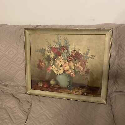 Antique  VTG Painting Of Flower Centerpiece by L Jambor Old Ornate Frame Signed
