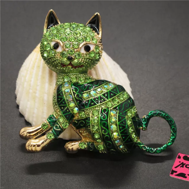 New Betsey Johnson Green Bling Playful Cat Animal Crystal Charm Brooch Pin Gift