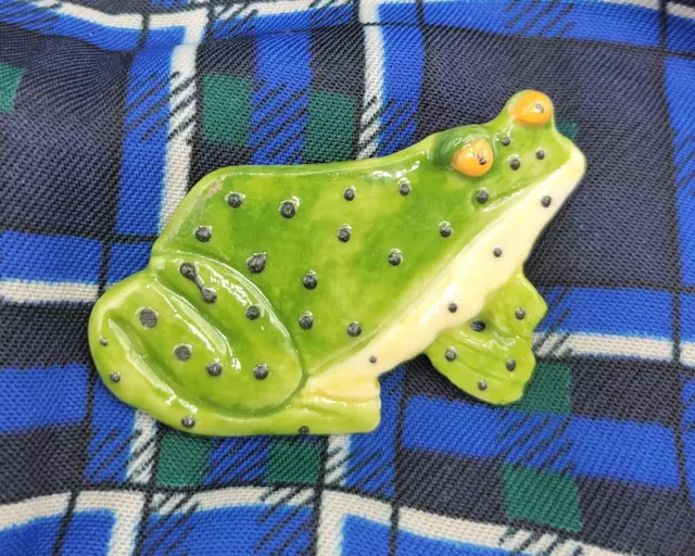Vintage Green Frog Hand Painted Ceramic Pin Artist Crafted Amphibian Brooch