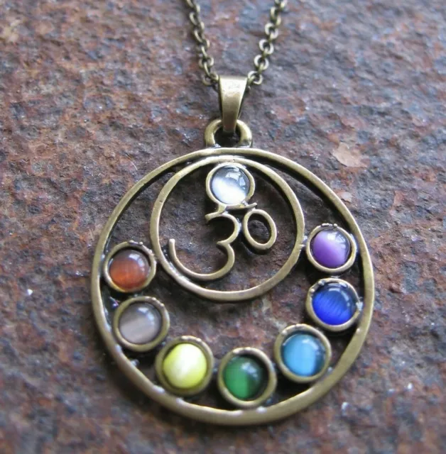 Om Regenbogen Chakra Halskette Kette Damenkette Damen Cateye Glas Magie Anhänger