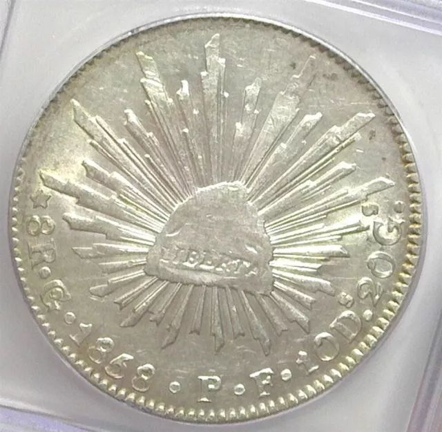 MEXICO ~ 1858-Go,PF SILVER 8 REALES ~ ICG AU58 ~ KM# 377.8 LOOKS 62/63