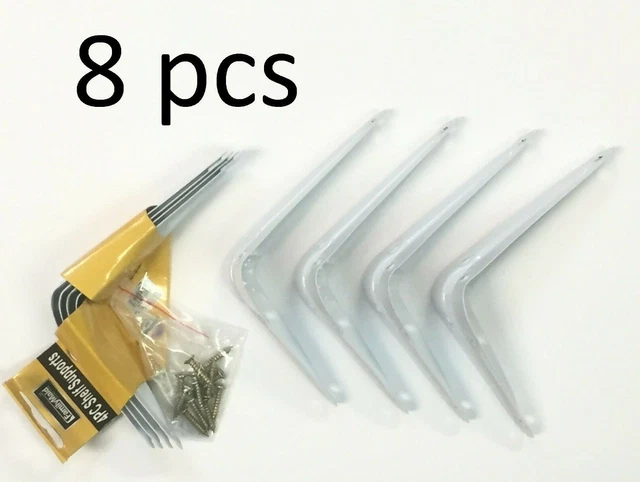 8 pcs White Enamel Shelf Brackets Angled Metal Shelving Support Arms  3" x 4"
