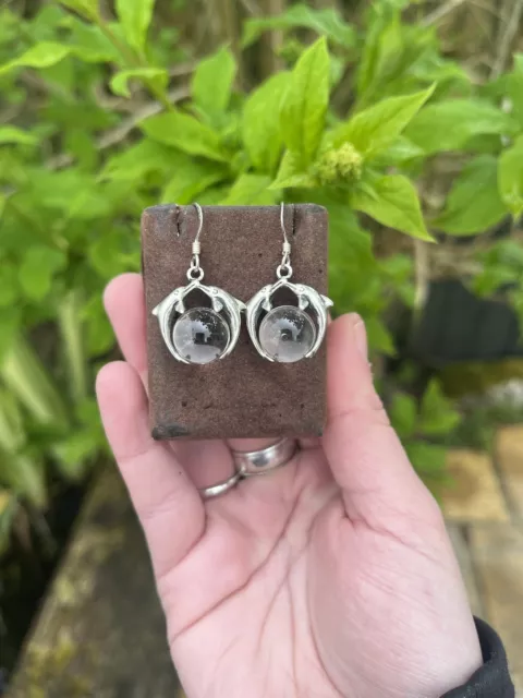 925 Sterling Silver Dolphin & Clear Quartz Drop Earrings