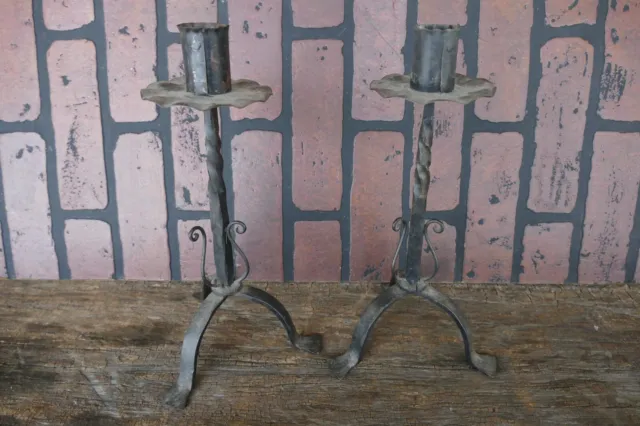 match pr. antique primitive wrought iron hand forged candle holders 12 inch tall